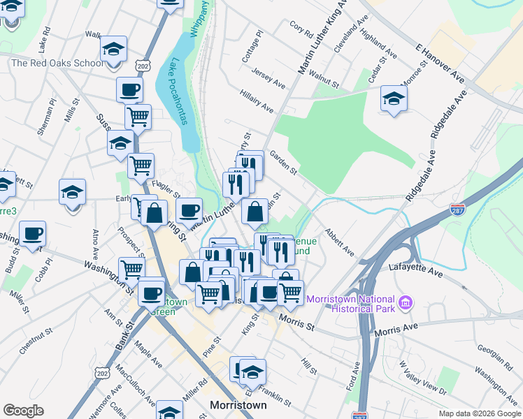 map of restaurants, bars, coffee shops, grocery stores, and more near 19 Lincoln Street in Morristown