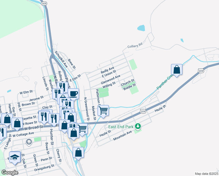 map of restaurants, bars, coffee shops, grocery stores, and more near 400 Willing Street in Tamaqua