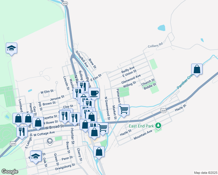 map of restaurants, bars, coffee shops, grocery stores, and more near 306 Market Street in Tamaqua