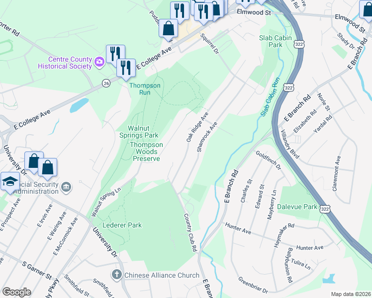 map of restaurants, bars, coffee shops, grocery stores, and more near 935 Oak Ridge Avenue in State College