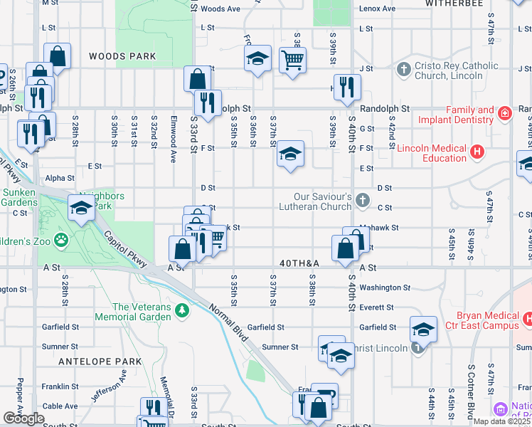 map of restaurants, bars, coffee shops, grocery stores, and more near 3611 C Street in Lincoln