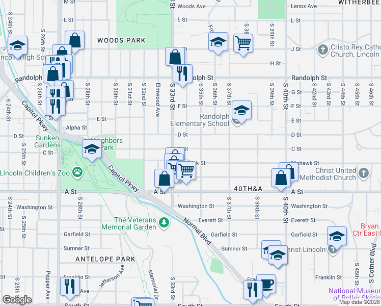map of restaurants, bars, coffee shops, grocery stores, and more near 3327 C Street in Lincoln