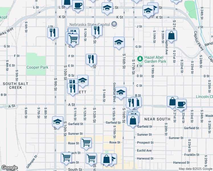 map of restaurants, bars, coffee shops, grocery stores, and more near 1428 C Street in Lincoln