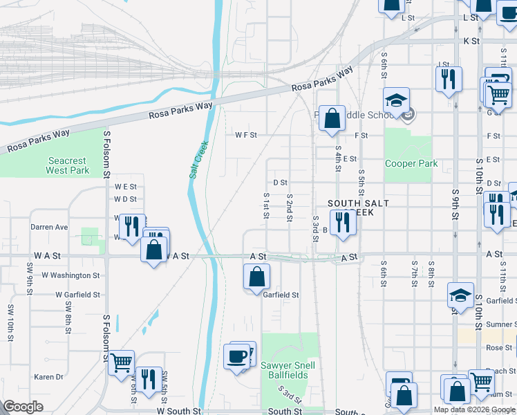 map of restaurants, bars, coffee shops, grocery stores, and more near 1110 Southwest 1st Street in Lincoln