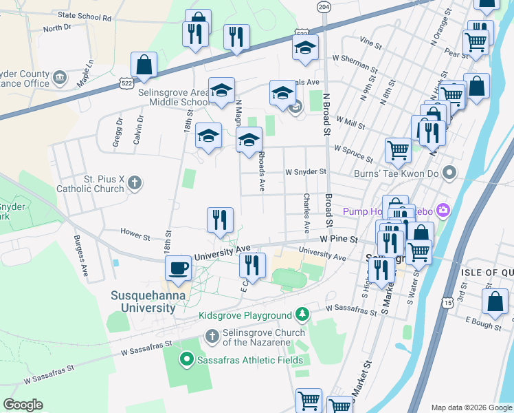 map of restaurants, bars, coffee shops, grocery stores, and more near 102 Rhoads Avenue in Selinsgrove