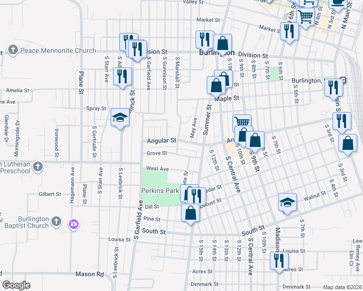 map of restaurants, bars, coffee shops, grocery stores, and more near 1239 Angular Street in Burlington