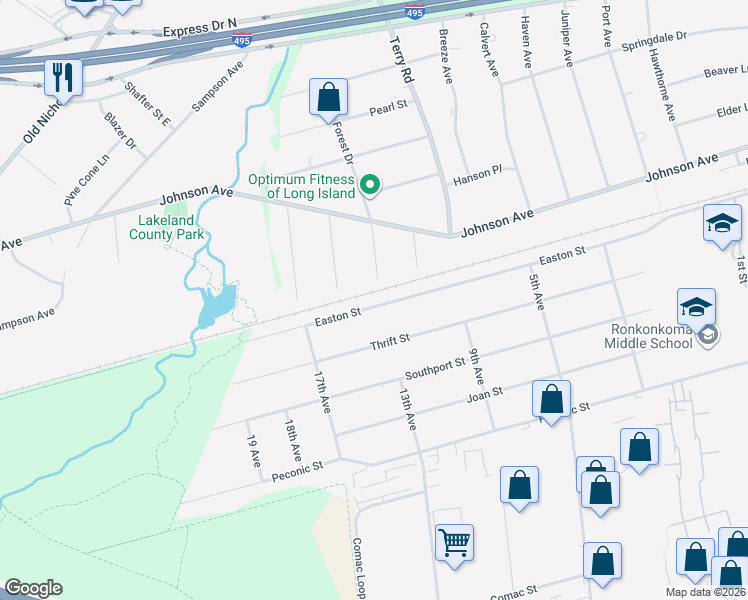map of restaurants, bars, coffee shops, grocery stores, and more near 357 Easton Street in Ronkonkoma