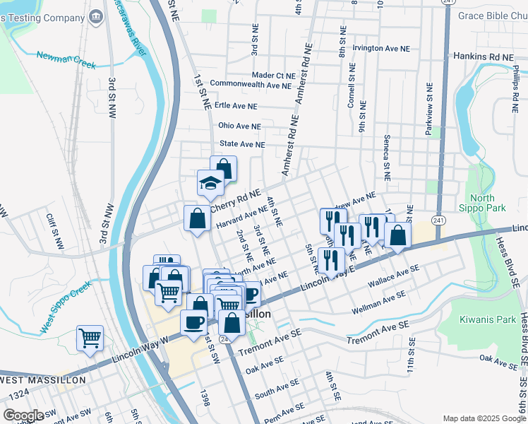 map of restaurants, bars, coffee shops, grocery stores, and more near 323 Harvard Avenue Northeast in Massillon