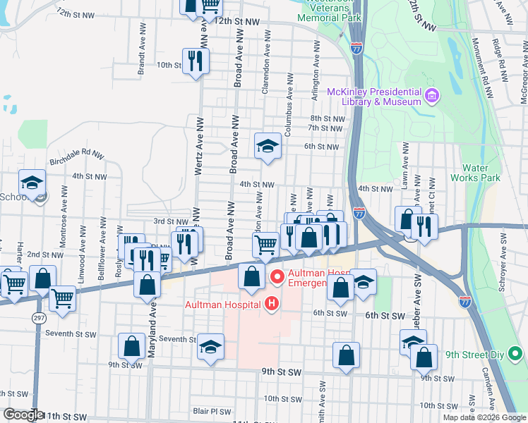 map of restaurants, bars, coffee shops, grocery stores, and more near 314 Clarendon Avenue Northwest in Canton