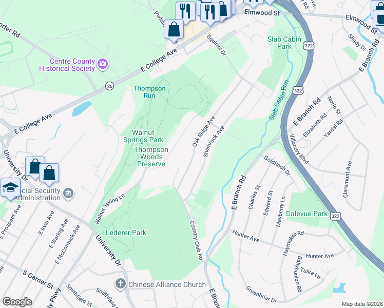 map of restaurants, bars, coffee shops, grocery stores, and more near 935 Oak Ridge Avenue in State College