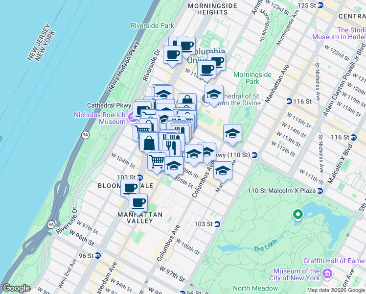 map of restaurants, bars, coffee shops, grocery stores, and more near 971 Amsterdam Avenue in New York