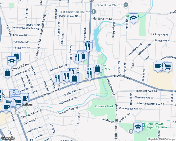 map of restaurants, bars, coffee shops, grocery stores, and more near 1136 North Avenue Northeast in Massillon