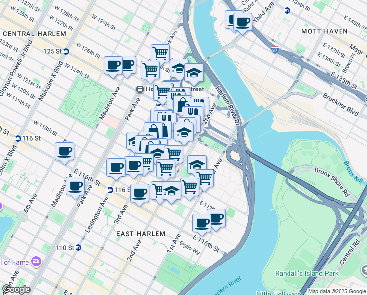 map of restaurants, bars, coffee shops, grocery stores, and more near 2383 2nd Avenue in New York