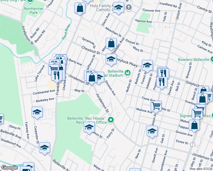map of restaurants, bars, coffee shops, grocery stores, and more near 355 Division Avenue in Belleville