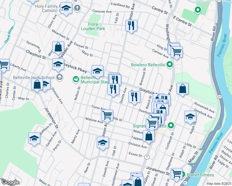 map of restaurants, bars, coffee shops, grocery stores, and more near 524 Union Avenue in Belleville