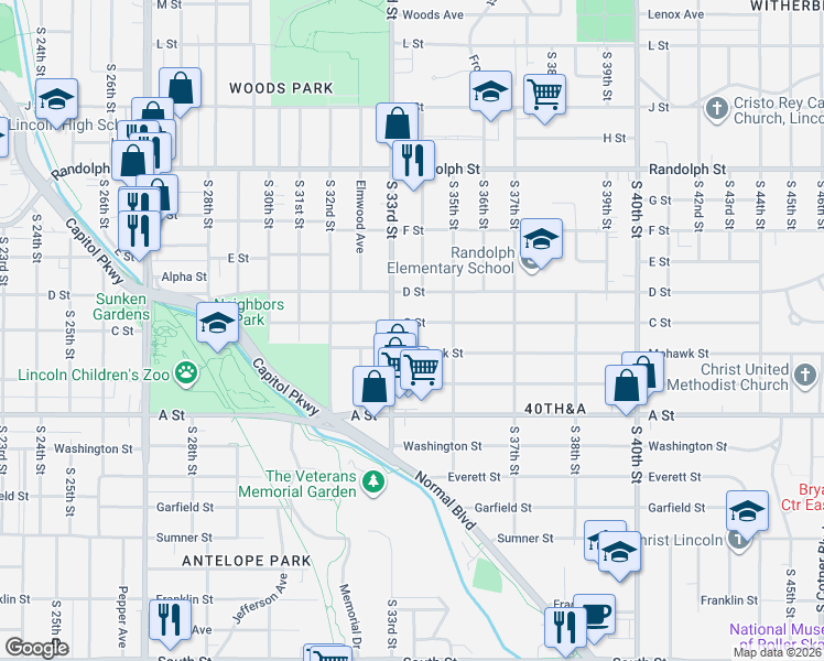 map of restaurants, bars, coffee shops, grocery stores, and more near 3327 C Street in Lincoln