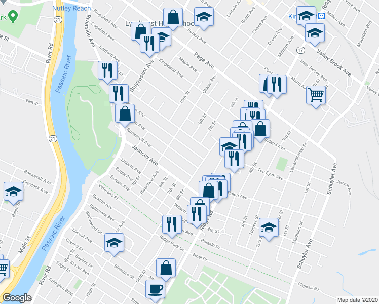 map of restaurants, bars, coffee shops, grocery stores, and more near 466 Wilson Avenue in Lyndhurst