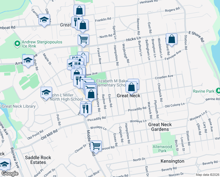 map of restaurants, bars, coffee shops, grocery stores, and more near 65 Essex Road in Great Neck