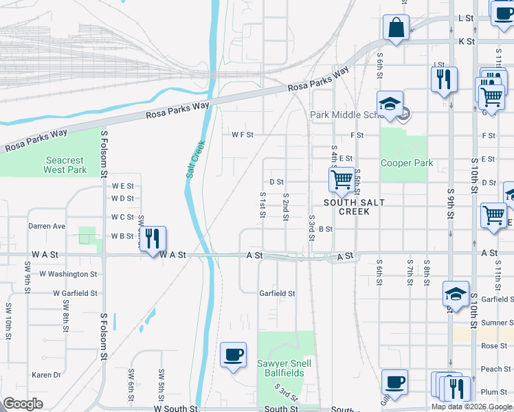 map of restaurants, bars, coffee shops, grocery stores, and more near 112 C Street in Lincoln