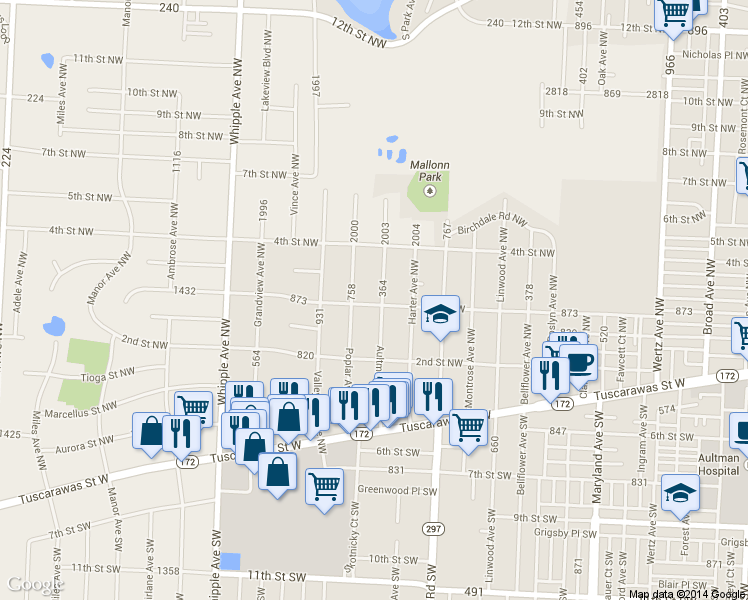 map of restaurants, bars, coffee shops, grocery stores, and more near 303 Aultman Avenue Northwest in Canton