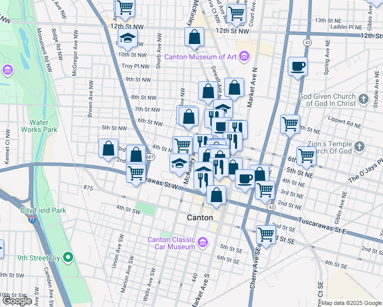 map of restaurants, bars, coffee shops, grocery stores, and more near 519 4th Street Northwest in Canton