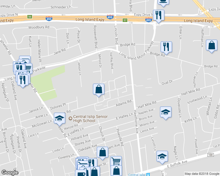 map of restaurants, bars, coffee shops, grocery stores, and more near 293 Feller Drive in Central Islip