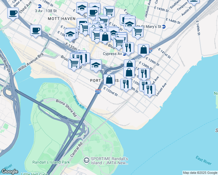 map of restaurants, bars, coffee shops, grocery stores, and more near 704 East 133rd Street in The Bronx