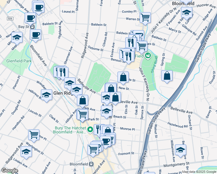 map of restaurants, bars, coffee shops, grocery stores, and more near 169 State Street in Bloomfield