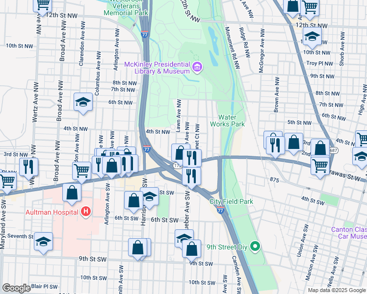 map of restaurants, bars, coffee shops, grocery stores, and more near 217 Lincoln Avenue Northwest in Canton