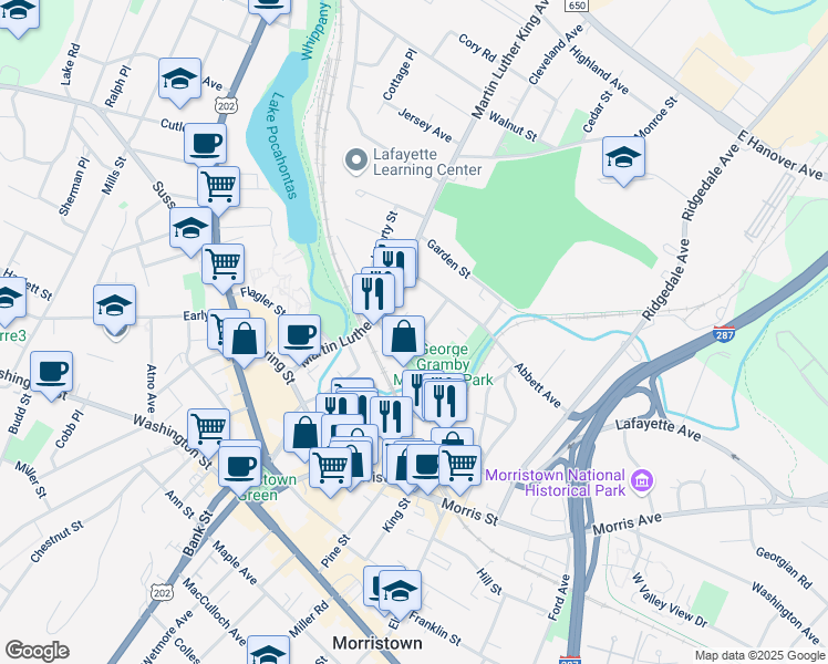 map of restaurants, bars, coffee shops, grocery stores, and more near 19 Lincoln St in Morristown