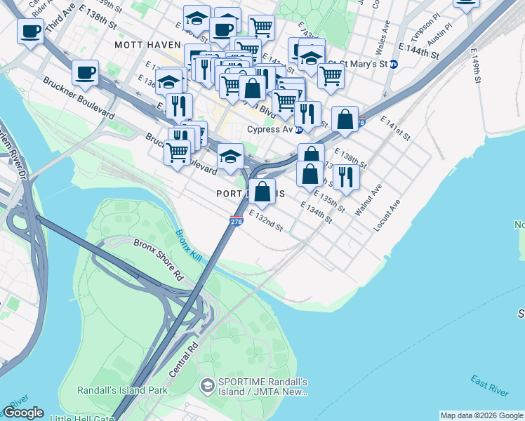 map of restaurants, bars, coffee shops, grocery stores, and more near 704 East 133rd Street in The Bronx