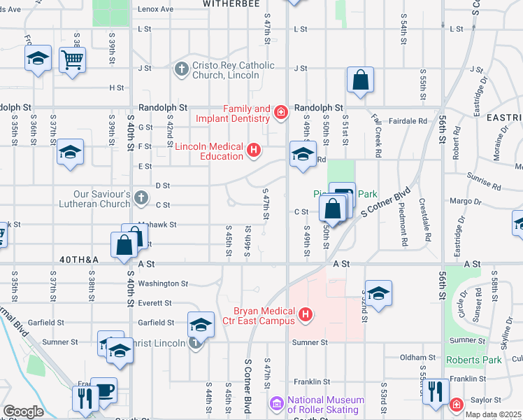 map of restaurants, bars, coffee shops, grocery stores, and more near 4633 Hill Drive in Lincoln