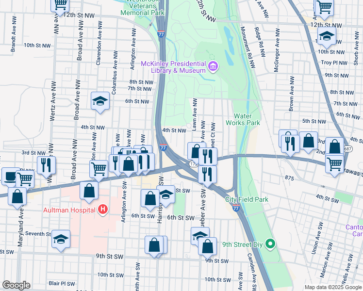 map of restaurants, bars, coffee shops, grocery stores, and more near 223 Park Avenue Northwest in Canton