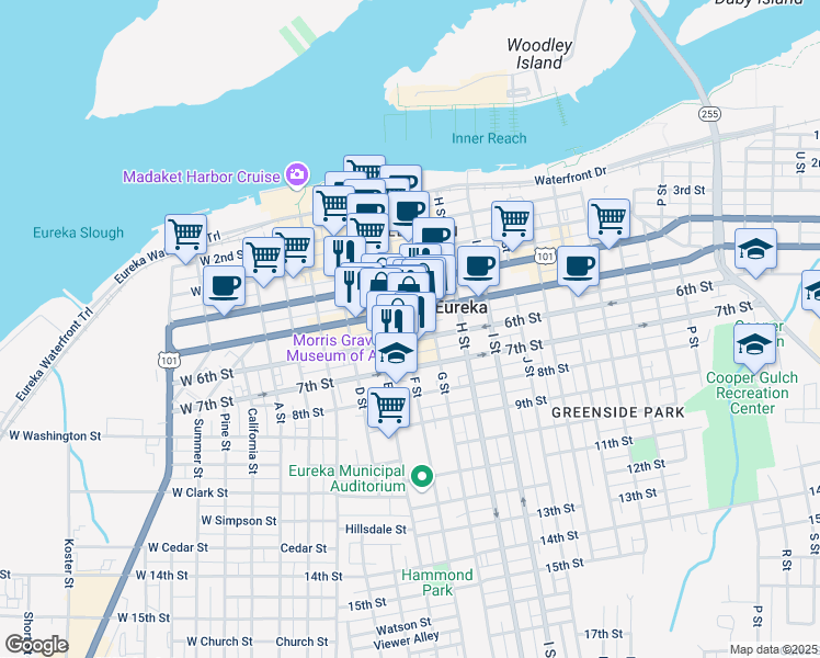 map of restaurants, bars, coffee shops, grocery stores, and more near 527 F Street in Eureka