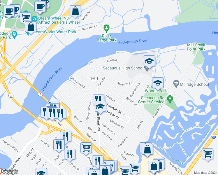 map of restaurants, bars, coffee shops, grocery stores, and more near 12 Schmidts Place in Secaucus