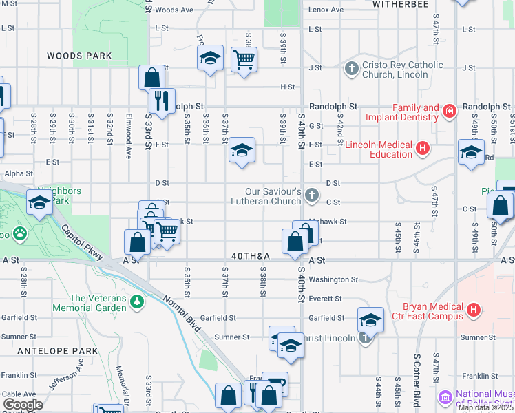 map of restaurants, bars, coffee shops, grocery stores, and more near 3785 C Street in Lincoln