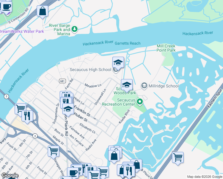 map of restaurants, bars, coffee shops, grocery stores, and more near 35 Luhman Terrace in Secaucus
