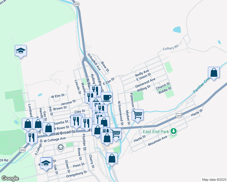 map of restaurants, bars, coffee shops, grocery stores, and more near 301 Schuylkill Avenue in Tamaqua