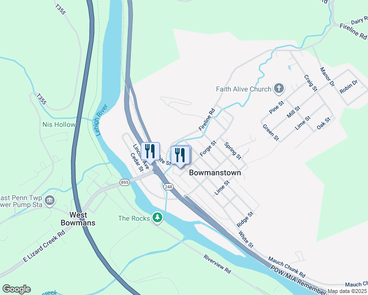 map of restaurants, bars, coffee shops, grocery stores, and more near 640 Ore St in Palmerton