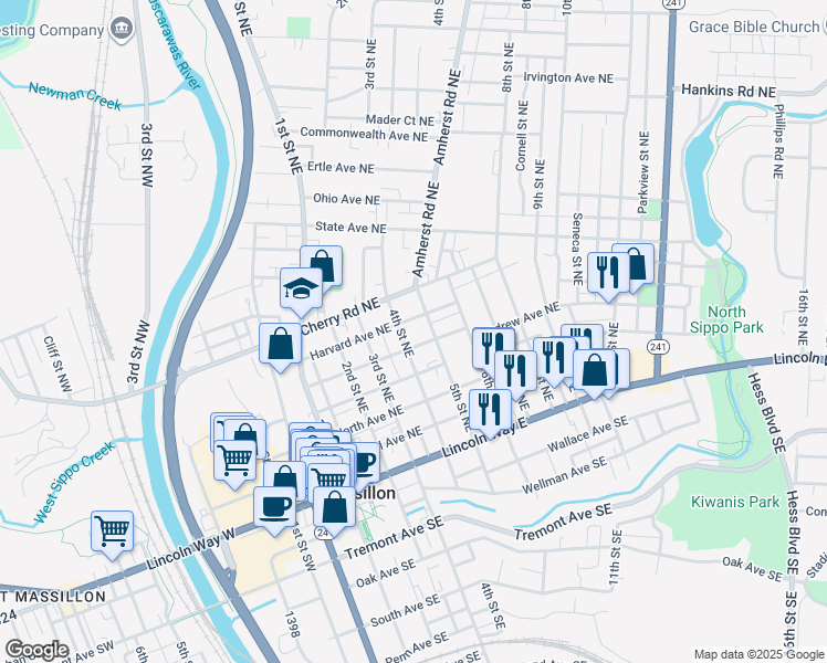 map of restaurants, bars, coffee shops, grocery stores, and more near 414 4th Street Northeast in Massillon