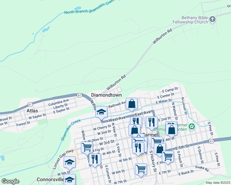 map of restaurants, bars, coffee shops, grocery stores, and more near 405 North Maple Street in Mount Carmel