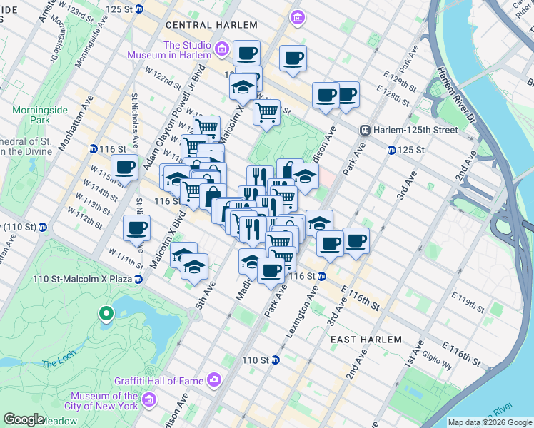 map of restaurants, bars, coffee shops, grocery stores, and more near 8 East 118th Street in New York