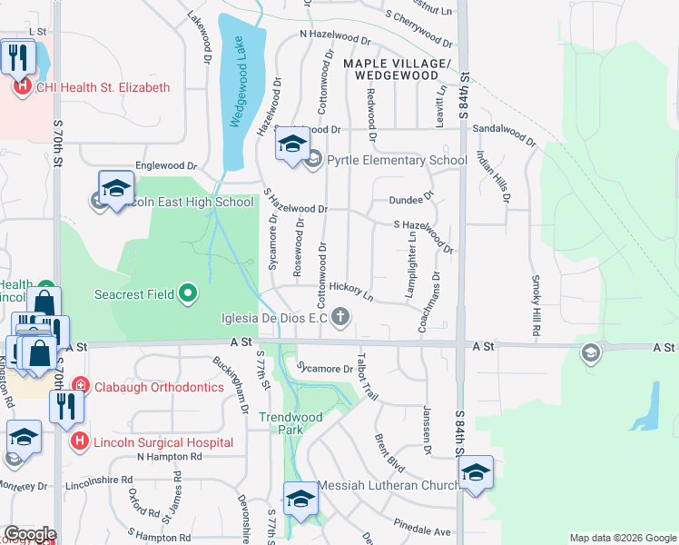 map of restaurants, bars, coffee shops, grocery stores, and more near 1121 Driftwood Drive in Lincoln