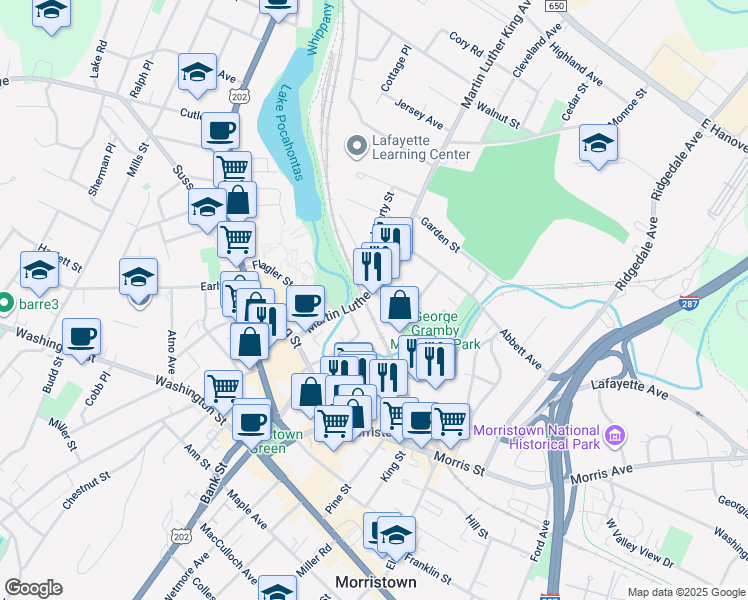 map of restaurants, bars, coffee shops, grocery stores, and more near 3 Martin Luther King Avenue in Morristown