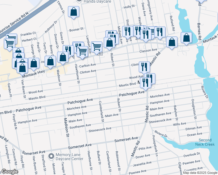 map of restaurants, bars, coffee shops, grocery stores, and more near 98 Mastic Boulevard in Mastic