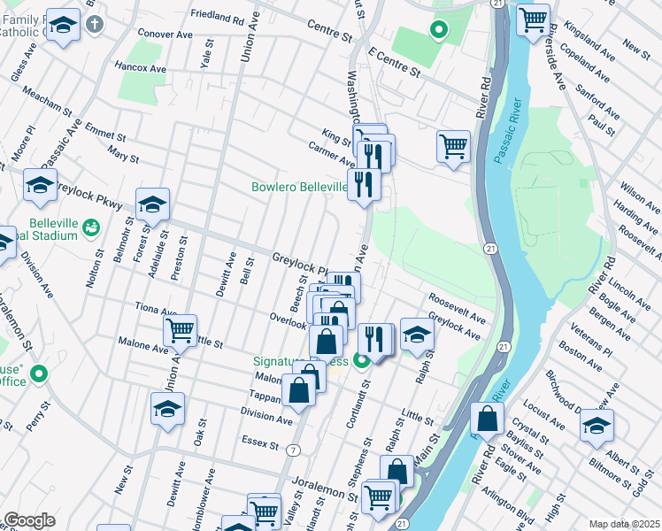 map of restaurants, bars, coffee shops, grocery stores, and more near 194 Greylock Parkway in Belleville