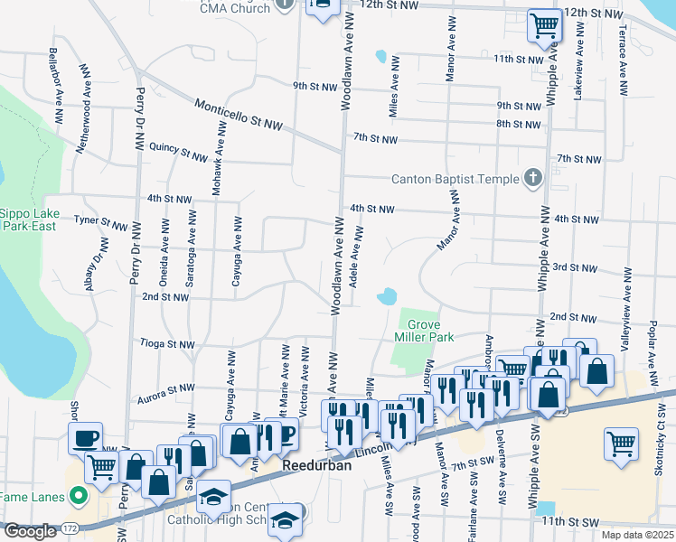 map of restaurants, bars, coffee shops, grocery stores, and more near 245 Woodlawn Avenue Northwest in Canton