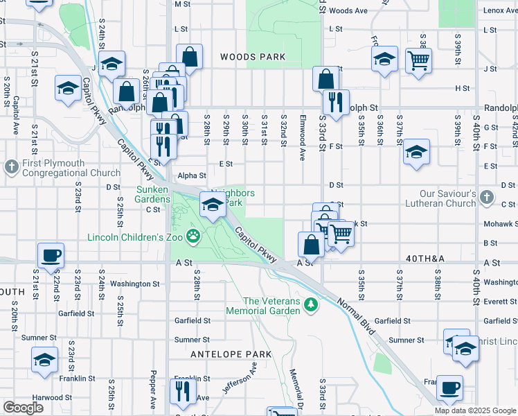 map of restaurants, bars, coffee shops, grocery stores, and more near 3025 C St in Lincoln