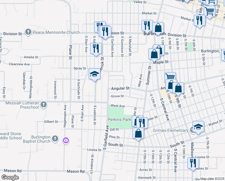 map of restaurants, bars, coffee shops, grocery stores, and more near 1339 Angular Street in Burlington
