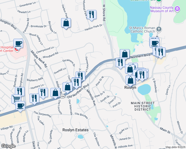 map of restaurants, bars, coffee shops, grocery stores, and more near 19 Tatterson Street in Roslyn